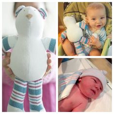 a collage of photos with babys and stuffed animals in their hands, including a teddy bear