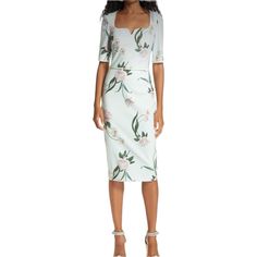 This Stunning Midi Dress Features Floral Fabrication And A Notched Neckline. Anthropologie X Ted Baker London Brand New W/Tag *Midi Silhouette *Short Sleeves *Notched Neckline *Exposed Back Zip *Polyester; Lining: Polyester, Elastane *Hand Wash Or Dry Clean *Imported Colors: Mint Green, Forest Green, Pink, Etc. Size: 2 / Xs Approximate Length: 44" Inquire About Additional Measurements *Please Note: No Belt Is Included W/Purchase* Product Label Has A Mark To Indicate That Item Cannot Be Returned Square Neck Floral Print Dress For Daywear, Square Neck Floral Dress For Daywear, Spring Cocktail Dress With Floral Print, Floral Print Knee-length Cocktail Dress, Knee-length Floral Print Dress For Cocktail, Elegant Floral Dress For Spring Daywear, Spring Midi Dress With Floral Print And Straight Neckline, Floral Print Midi Dress With Straight Neckline For Spring, Chic Fitted Floral Print Midi Dress