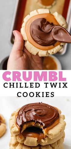 a person holding a peanut butter and chocolate sandwich with the words crumbl chilled twix cookies