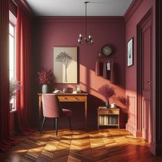 a room with red walls and wooden flooring has a pink chair in the corner