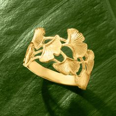 Ross-Simons - Italian 14kt Yellow Gold Ginkgo Leaf Ring Size 5. Carefully crafted in Italy, this lively ring features an organic gingko design that gleams in 14kt yellow gold. Textured and polished finishes are intricately applied to give the leaves a more realistic effect. 1/2" wide. 14kt yellow gold gingko leaf ring. Gingko Leaves, Golden Ring, Ginkgo Leaf, Leaf Jewelry, Leaf Ring, Size 10 Rings, Contemporary Style, Ring Size, Size 7