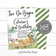 an image of a birthday card with dinosaurs on the front and back, in green stripes