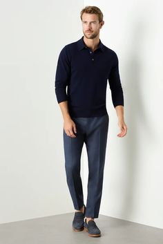 Fraser Ashby Polo Knit | M.J. Bale Navy Suit, Wedding Shirts, Suit Shirts, Chino Jeans, Gray Suit