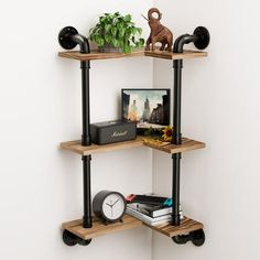 three tiered shelving unit with various items on it and a clock in the corner