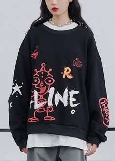 Graffiti sweater women 2020 fall new loose black lazy long-sleeved T-shirt - Omychic Long Sleeved T Shirt, Autumn Tops, New Style Tops, Unique Sweatshirt, Linen Tunic Tops, Top Outfit, Casual Summer Tops, Sweatshirt Fabric, Crop Top Outfits