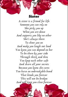 a poem with roses on it and the words sister