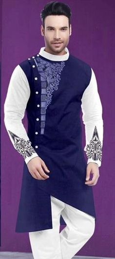 Blue color Kurta in Blended Cotton fabric with Embroidered work Purple Cotton Traditional Wear With Long Sleeves, Purple Cotton Long Sleeve Traditional Wear, Purple Long Sleeve Cotton Traditional Wear, Traditional Blue Cotton Kurta, Blue Cotton Kurta With Printed Motifs, Eid Blue Embroidered Fabric With Motifs, Eid Embroidered Blue Fabric With Motifs, Purple Embroidered Cotton Kurta, Embroidered Blue Traditional Long Sleeve Wear