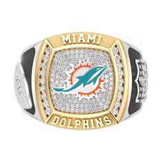 Take your fandom to new heights when you pick up this Miami Dolphins 1/2 CTTW Diamond Two-Town Yellow Gold and Sterling Silver Ring. It is constructed with the highest-quality team details and materials for a bold and elegant display of your unwavering team spirit. The 925 sterling silver and 10k yellow gold compliment each other, while gorgeous round diamonds accompany timeless Miami Dolphins graphics. Dolphin Ring, Anniversary Wedding Band, Black Hills Gold, Diamond Free, Jewelry Essentials, Diamonds And Gold, Diamond Shop, Gold Branding, Miami Dolphins