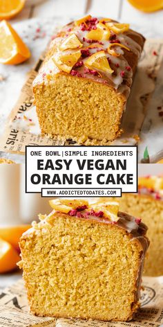 two slices of orange cake on top of each other with the text easy vegan orange cake