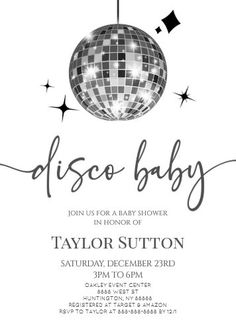 the disco ball baby shower is shown in black and white