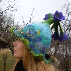 Beautiful bell flower hat with purple flowers, Flower hat, Fairy hat, Floral hat, Pixie hat, Theater hat, Fancy, Funky, Felt wool hat Unique hat in which you will feel amazingly good. It is from natural material and created with love. Warmth, coziness, pleasure and festive feeling will embrace you. Good mood is guaranteed. A good gift for a good person. Hat has a wide usage: it can be a sauna hat, an everyday hat, or a hat for a special occasion or teapot warmer. As a sauna hat it will protect y Fantasy Hat, Fairy Hat, Teapot Cover, Cloche Hats, Violet Flowers, Pixie Hat, Flower Hat, Floral Hat, Felt Wool