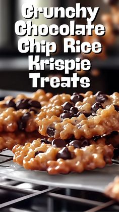 chocolate chip rice krispy treats stacked on top of each other with text overlay reading crunchy chocolate chip rice krispie treats