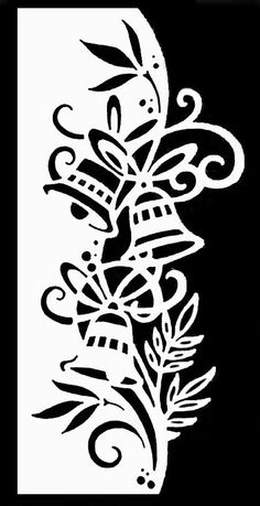 a black and white drawing of a flower with swirls on the side, in front of a black background