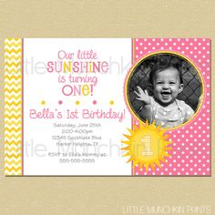 Sunshine 1st Birthday Invitation Summer by LittleMunchkinPrints Sunshine Birthday Invitation, Sunshine 1st Birthday, Sunshine Party, Sunshine Birthday, 1st Birthday Invitation, Birthday Invitations Girl, 1st Birthday Invitations