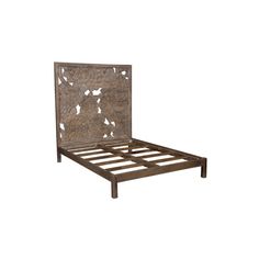 a wooden bed frame with metal slats