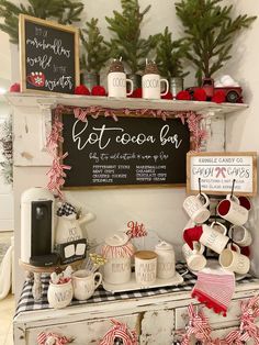 a coffee bar decorated for christmas with mugs and other holiday items on it's shelf