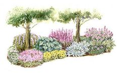 an image of a garden scene with trees and flowers in the foreground, watercolor on paper