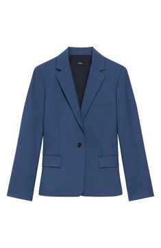 Cut from a rich wool blend with a touch of stretch, this handsome blazer boasts a modern slim fit for polished style. 23 1/2" length (size 8) Front button closure Notched lapels Bracelet-length sleeves Chest welt pocket; front flap pockets Lined 96% wool, 4% elastane Dry clean Imported Classic Blue Career Suits, Blue Notch Lapel Blazer For Work, Notched Blue Blazer For Work, Blue Single-button Blazer For Work, Blue Notched Blazer For Workwear, Blue Single Button Blazer For Workwear, Blue Notched Blazer For Work, Blue Career Blazer With Suit Collar, Blue Career Blazer With Notch Lapel