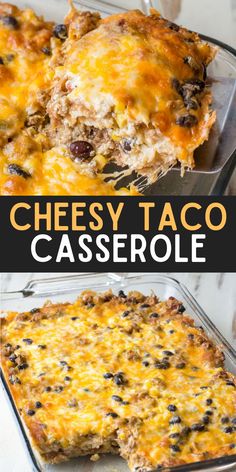 cheesy taco casserole in a glass dish with the title above it