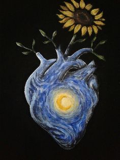 a painting of a heart with a sunflower in the middle on a black background