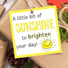 a little bit of sunshine to brighten your day sign next to some christmas presents