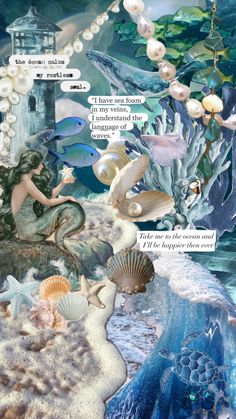 a collage of mermaids and seashells in the ocean with words above them