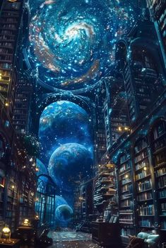 an image of a futuristic city with bookshelves and stars in the sky above