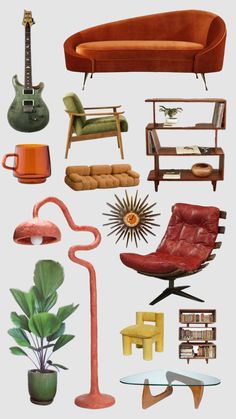 an assortment of furniture including a couch, chair, table and lamp