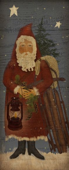 a painting of santa claus holding his sled