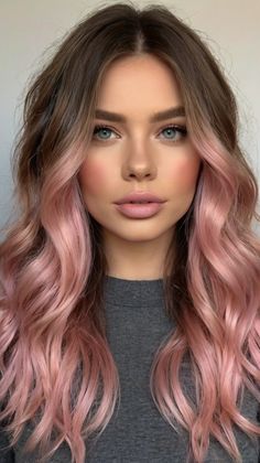 Glamorous Pink Hair Color Ideas Pas Brown Hair With Blonde And Pink Highlights, Pastel Pink Balayage, Pink Ash Hair, Light Mushroom Blonde Hair, Pastel Pink Balayage Blonde, Blonde Pink Hair, Blonde Hair With Pink Highlights Pastels, Pastel Pink Hair Dark Roots, Pastel Pink With Dark Roots