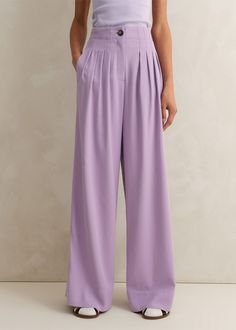 Fluid Micro Pleat Wide-Leg Pant Dusted Lilac Elegant Purple Wide Leg Pants For Work, Elegant Purple Bottoms For Workwear, Elegant Purple Pants For Work, Chic Purple Wide Leg Pants For Workwear, Elegant Tailored Purple Bottoms, Elegant Purple Ankle-length Pants, Ss24 Fashion, Fashion Me, Ankle Sleeve