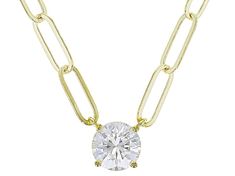 Moissanite Fire(R) 1.00ct diamond equivalent weight round, 14k yellow gold over sterling silver 18 inch paperclip necklace. Measures 18" L x 1/4" W. Necklace has a 2 inch extender and a lobster clasp. Actual moissanite weight is .88ct. Classic Diamond Necklace With Paperclip Chain, Formal Diamond Jewelry With Paperclip Chain, Yellow Gold Jewelry With Cubic Zirconia Paperclip Chain, Yellow Gold Diamond Necklace With Paperclip Chain, Elegant Cubic Zirconia Paperclip Chain Jewelry, Diamond Necklace With Round Cut Cable Chain, Gold Oval Link Jewelry With Brilliant Cut, Gold Jewelry With Brilliant Cut Oval Link, Gold Jewelry With Prong Setting And Oval Link