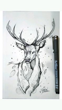 a drawing of a deer with antlers on it's head and some ink