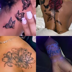 four different tattoos on the back of women's bodies, including roses and butterflies