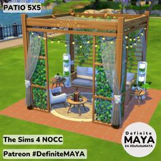 an outdoor living area with patio furniture and green plants on the walls is featured in this video game