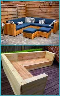 two pictures show different types of furniture made out of pallets and wooden planks