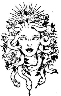 a black and white drawing of a woman with flowers in her hair