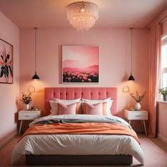 a bedroom with pink walls and white bedding in the center, along with two lamps on either side of the bed