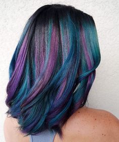 Hair Color With Purple Highlights, Peacock Hair Color, Joico Color Intensity, Oil Slick Hair, Peacock Hair, Joico Color, Purple Highlights, Multicolored Hair, Hair Color Purple