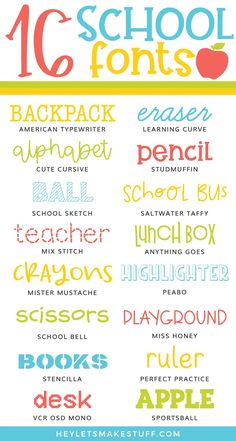 the back to school font set is shown in different colors and sizes, including an apple