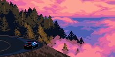 an old - school video game with a car driving on the road and mountains in the background