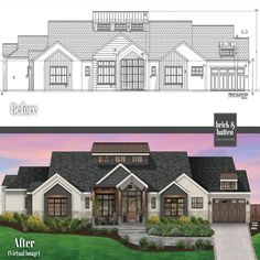 the front and back views of a house with two garages on each side, one for