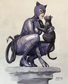 a drawing of a cat sitting on top of a woman