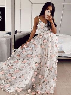 A Line V Neck Pink 3D Flowers White Long Prom Dresses, Pink 3D Flowers Formal Graduation Evening Dresses Prom Dresses Floral, White Prom Dress Long, Thai Peanut, Peanut Chicken, Floral Dress Formal, Floral Wedding Dress, Long Prom Dresses, A Line Prom Dresses, Dresses Floral