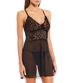 Cassandra Renee Lace & Mesh Racerback Babydoll | Dillard's Lace Cami Sleepwear With Delicate Straps, Lace Sleepwear With Built-in Underwire Bra, Lace Camisole With Built-in Bra, Coquette Camisole With Built-in Bra For Night, Night Coquette Camisole With Built-in Bra, Lace Sleepwear Camisole With Built-in Bra, Black Lace Bodice Camisole, Lace Slip With Built-in Bra, Coquette Camisole With Built-in Bra For Wedding Night