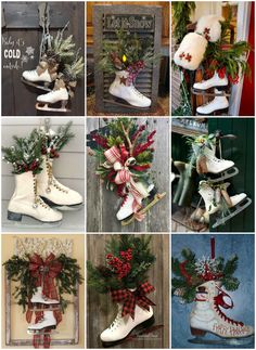 christmas decorations are hanging on the wall in different styles and colors, including snow boots