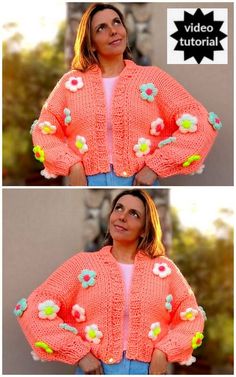 two pictures of a woman wearing an orange cardigan with flowers on the front and back