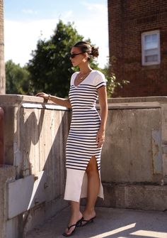 Autumn Afternoon Midi Dress Fore Collection Knit V-neck Midi Dress For Fall, Casual Knit V-neck Midi Dress, Casual Knit Midi Dress With V-neck, Striped V-neck Midi Dress For Day Out, Striped V-neck Midi Dress For Beach, Essential Dress, Classy Casual, New Tops, Date Night Outfit