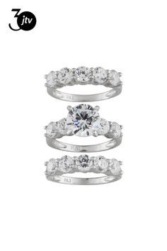 three pieces of white gold ring set with diamonds on each side and two different bands