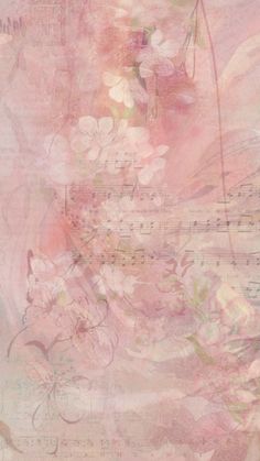 an abstract painting with pink flowers and music notes on the bottom half of the image